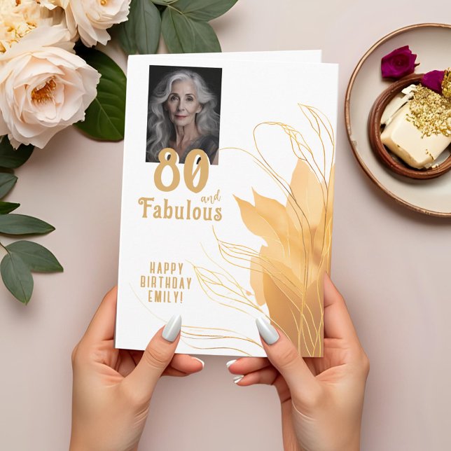 80 and Fabulous Gold Foliage 80th Birthday Photo Card (Creator Uploaded)