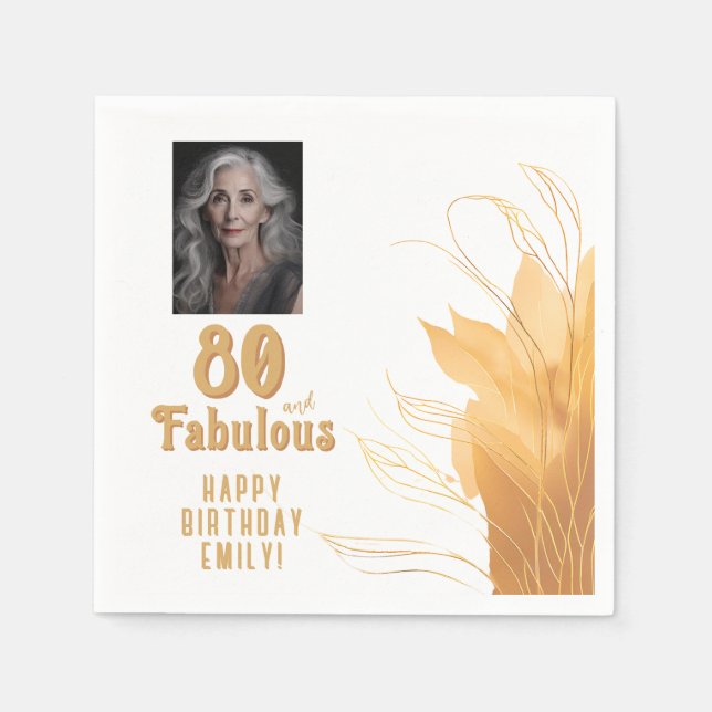 80 and Fabulous Gold Foliage 80th Birthday Photo Napkin (Front)