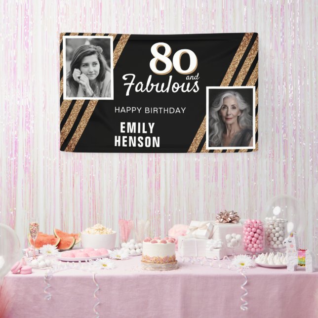 80 and Fabulous Gold Glitter 2 Photo 80th Birthday Banner (Party)