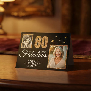 80 and Fabulous Gold Glitter 2 Photo 80th Birthday Card