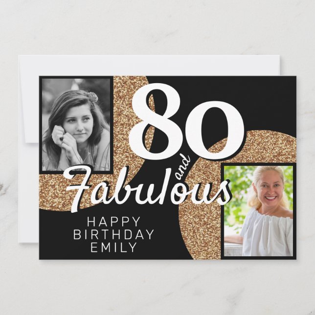 80 and Fabulous Gold Glitter 2 Photo 80th Birthday Card (Front)