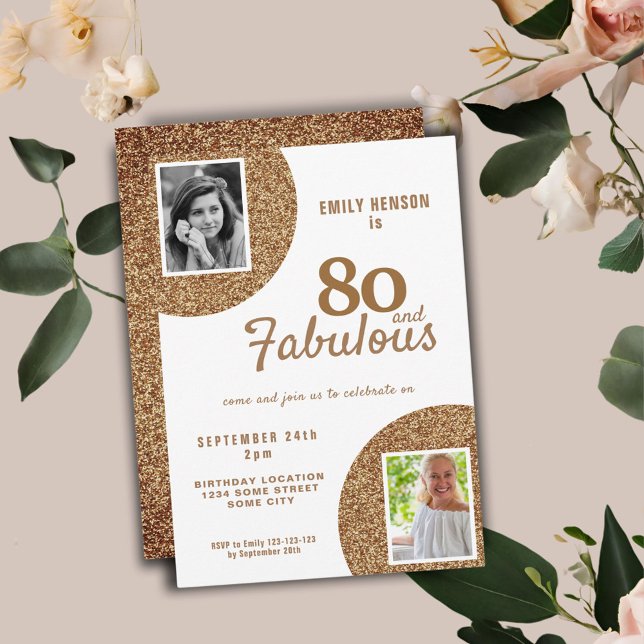 80 and Fabulous Gold Glitter 2 Photo 80th Birthday Invitation (Creator Uploaded)