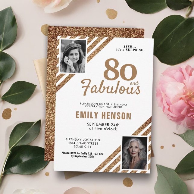 80 and Fabulous Gold Glitter 2 Photo 80th Birthday Invitation (Creator Uploaded)