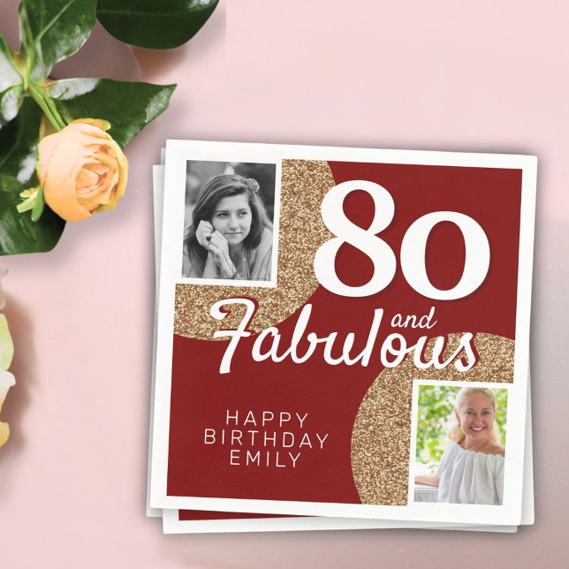 80 and Fabulous Gold Glitter 2 Photo 80th Birthday Napkin (Creator Uploaded)