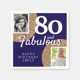 80 and Fabulous Gold Glitter 2 Photo 80th Birthday Napkin