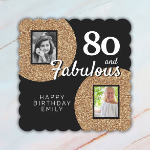 80 and Fabulous Gold Glitter 2 Photo 80th Birthday Paper Coaster