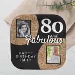 80 and Fabulous Gold Glitter 2 Photo 80th Birthday Paper Plate<br><div class="desc">80 and Fabulous Gold Glitter 2 Photo 80th Birthday Party paper plates. Add your photos - you can use an old and new photo. Add your name and age.</div>