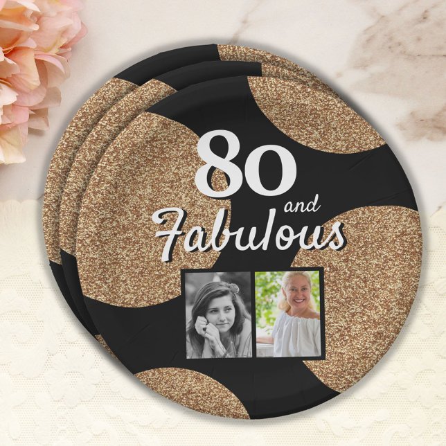 80 and Fabulous Gold Glitter 2 Photo 80th Birthday Paper Plate (Creator Uploaded)