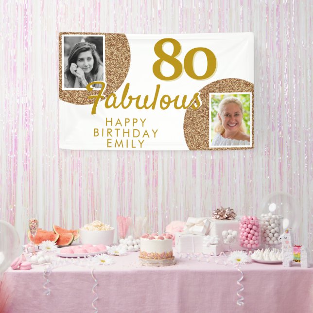 80 and Fabulous Gold Glitter 2 Photo Birthday  Banner (Party)