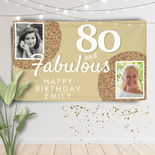 80 and Fabulous Gold Glitter 2 Photo Birthday Banner