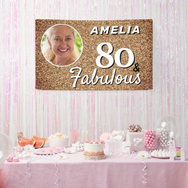 80 and Fabulous Gold Glitter 80th Birthday Photo Banner (Party)