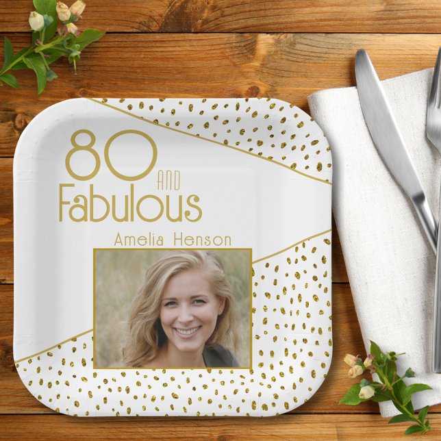 80 and Fabulous Gold Glitter Photo 80th Birthday Paper Plate (Creator Uploaded)