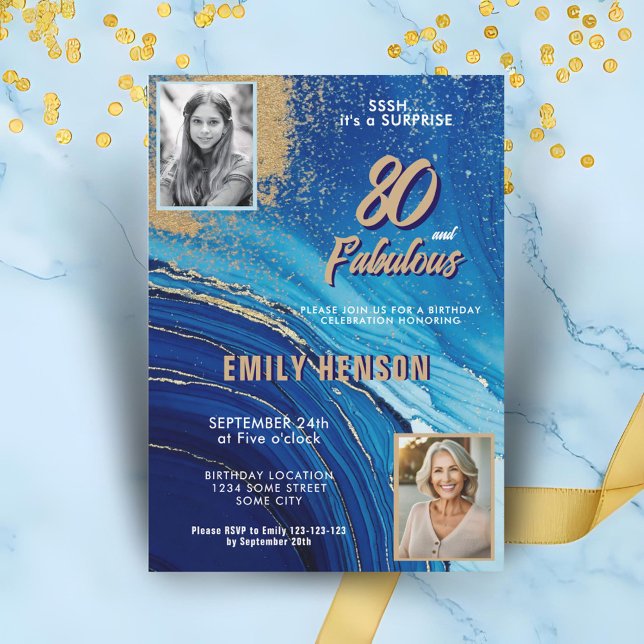 80 and Fabulous Marble Glitter 2 Photo Birthday Invitation (Creator Uploaded)