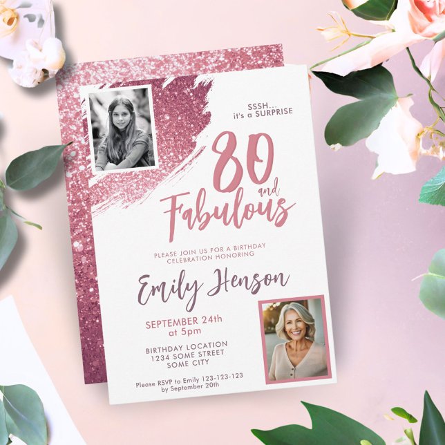80 and Fabulous Pink Glitter 2 Photo 80th Birthday Invitation (Creator Uploaded)