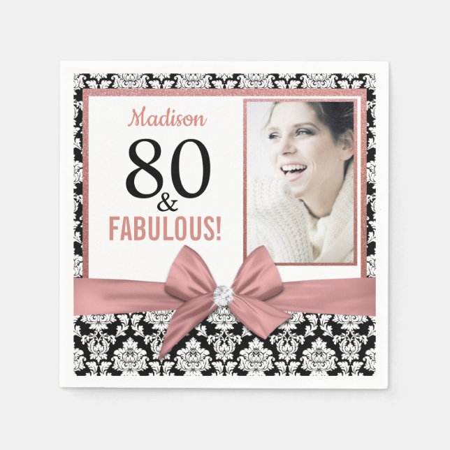 80 and Fabulous Rose gold bow damask 80th Birthday Napkin (Front)