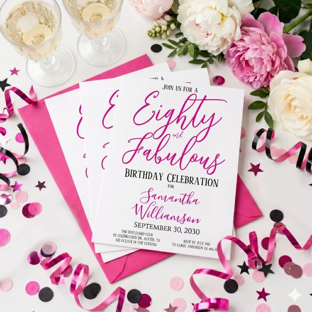 80 and Fabulous Script Pink Black 80th Birthday Invitation (Creator Uploaded)