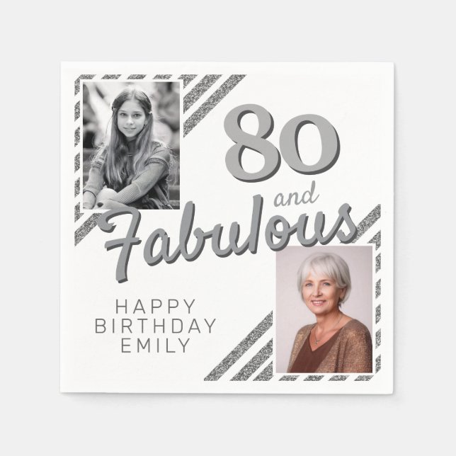 80 and Fabulous Silver Glitter 2 Photo Birthday Napkin (Front)