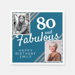 80 and Fabulous Silver Glitter 2 Photo Birthday Napkin