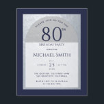 80 Birthday Budget Navy Blue Silver Man Invitation<br><div class="desc">A modern birthday invitation. On a navy blue rectangular background,  it has a faux silver foil arch that has inside navy blue text on white background. All text is navy blue. The first line is arched text.</div>