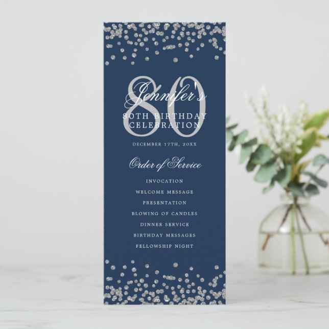 80 Birthday Program Silver Confetti Menu Navy Blue Invitation (Standing Front)