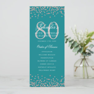 80 Birthday Program Silver Confetti Menu Turquoise Invitation