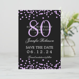 80 Birthday Save Date Confetti Purple Black  Invitation