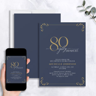 80 & Fabulous Blue & Gold Calligraphy Birthday Invitation