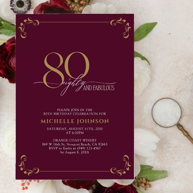 80 & Fabulous Burgundy White & Gold Birthday Invitation (Creator Uploaded)