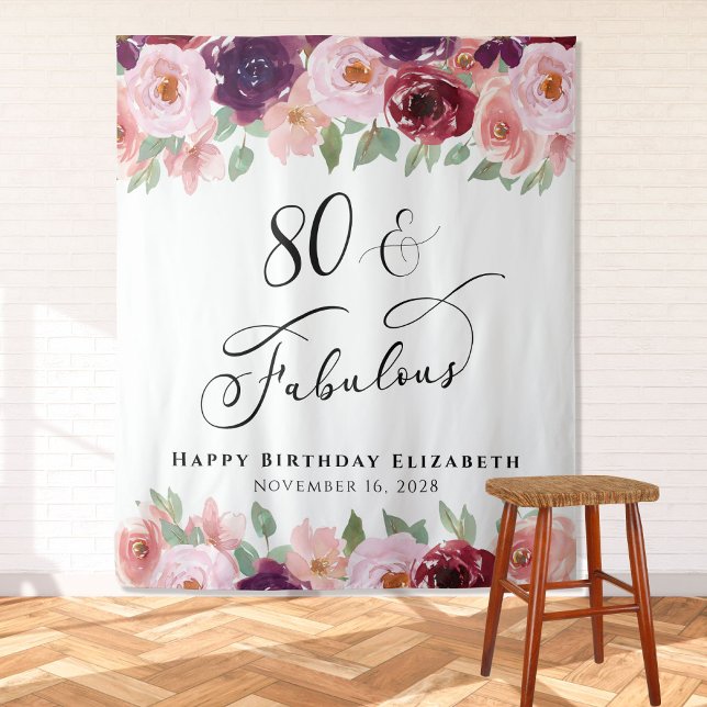 80 Fabulous Floral Watercolor Birthday Party Tapestry (Creator Uploaded)