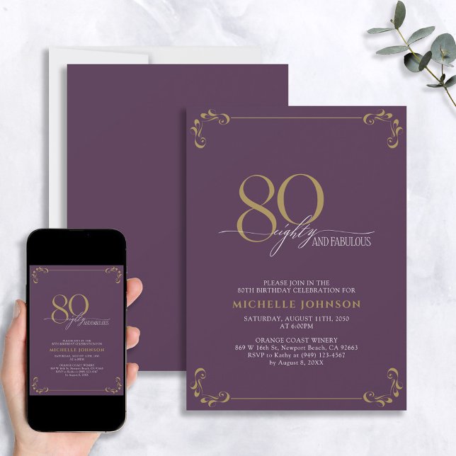 80 & Fabulous Purple & Gold Calligraphy Birthday Invitation (Creator Uploaded)
