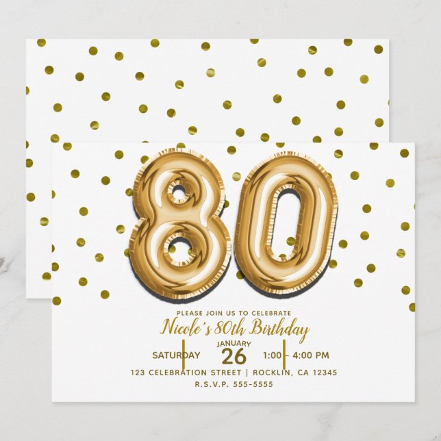 80 Gold Balloons & Confetti 80th Birthday Party Invitation (Front/Back)
