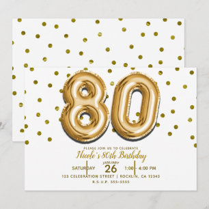 80 Gold Balloons & Confetti 80th Birthday Party Invitation