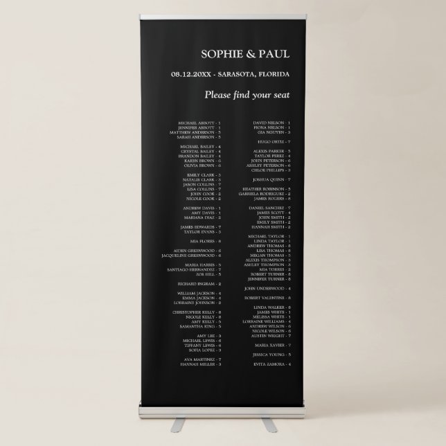 80 Guest Black Alphabetical Seating Chart Retractable Banner (Front)