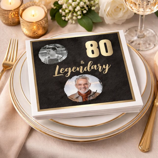 80 & Legendary 2 Photos 80th Birthday Gold Napkin (Creator Uploaded)