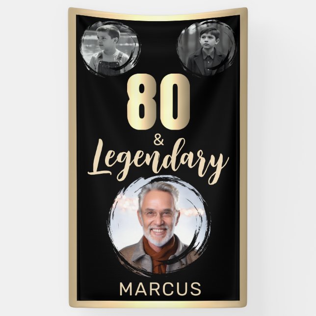 80 & Legendary 3 Photos 80th Birthday Gold Banner (Vertical)