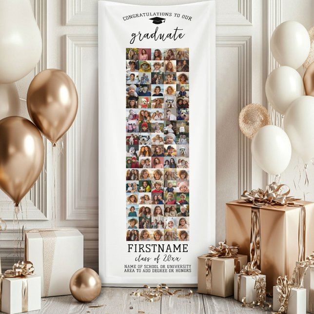 80 Photo Collage Graduation Modern Minimal White Banner (Custom Graduation Banner - Great for a backdrop or Grad Party Decoration)