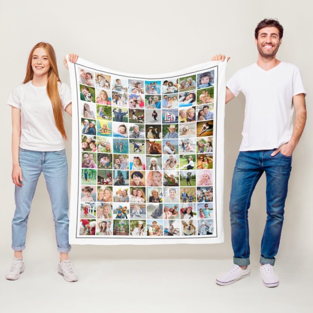 80 Photo Collage Template Personalised White Fleece Blanket (In Situ)