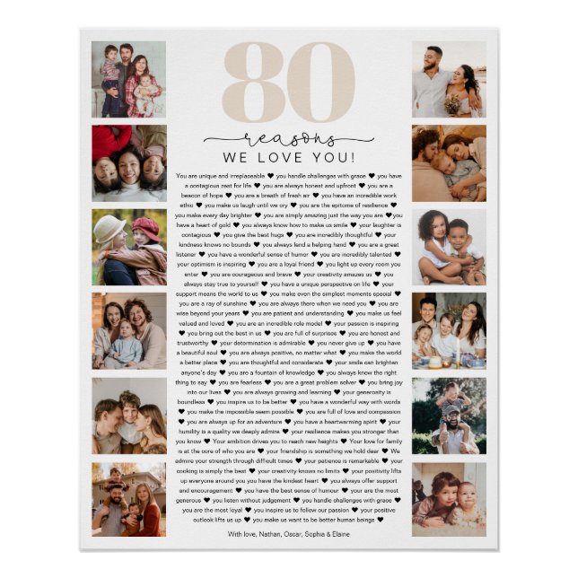 80 Reasons We Love You Birthday Keepsake Gift Poster (Front)