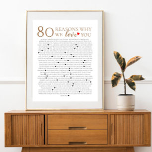 80 reasons why we love you 70th 60th 50th birthday poster