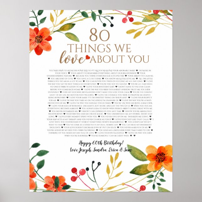 80 things we love about you orange flowers poster (Front)
