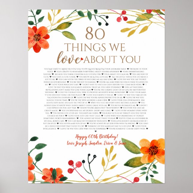 80 things we love about you orange flowers poster (Front)
