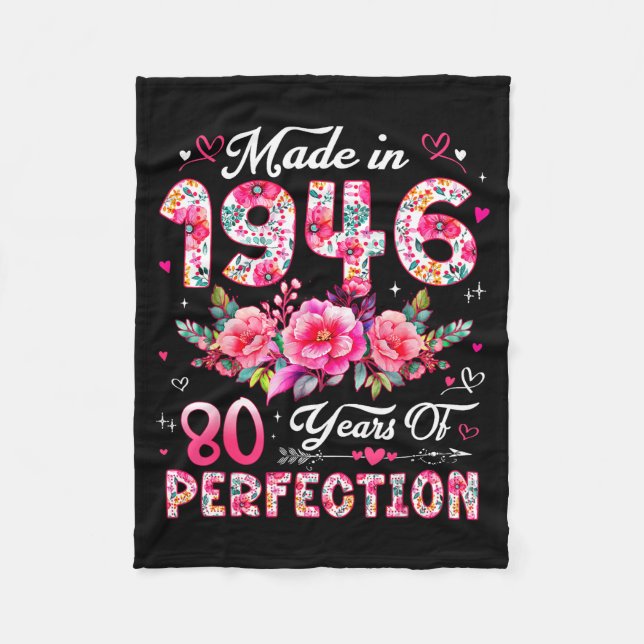 80 Year Old Made In 1946 Floral 80th Birthday Wome Fleece Blanket (Front)