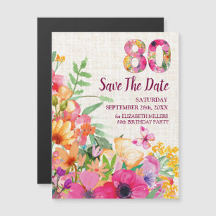 80 Years Floral Linen 80th Birthday Save the Date Magnetic Invitation