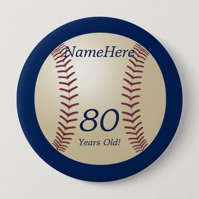 80 Years Old, Baseball on Blue Button Pin (Front)