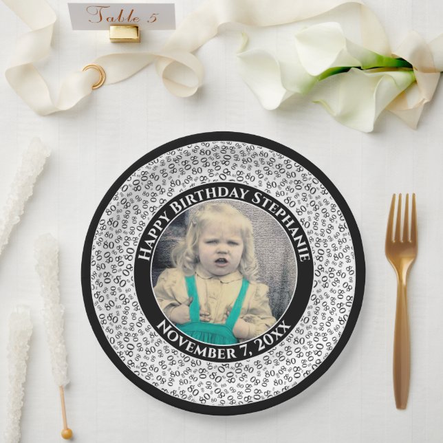 80 Your Photo Random Number Pattern Black/White Paper Plate (Wedding)