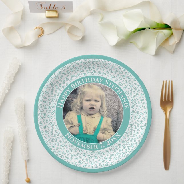 80 Your Photo Random Number Pattern Teal/White  Paper Plate (Wedding)