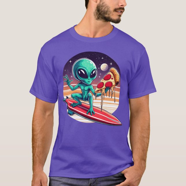 80s90s Alien Surfer with Pizza and Rocket retro T-Shirt (Front)
