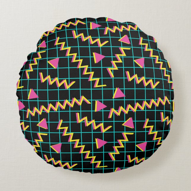 80's/90's Black & Neon Pattern Round Cushion (Front)