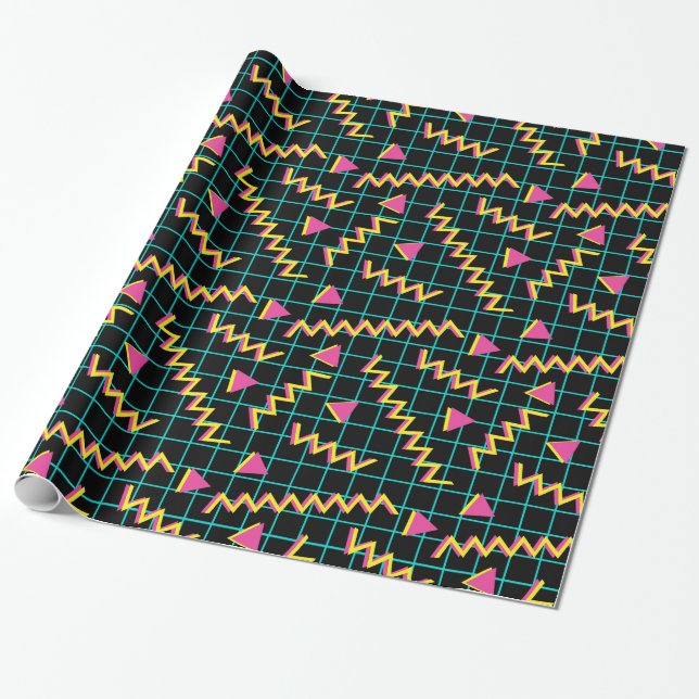 80's/90's Black & Neon Pattern Wrapping Paper (Unrolled)