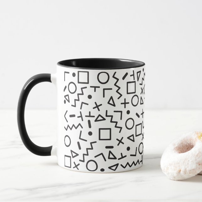 80's 90's Black & White Retro Shapes Pattern  Mug (With Donut)